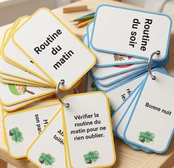 Trousseaux de cartes illustrées pour les routines du matin et du soir repères chronologiques transition autonomie pas à pas